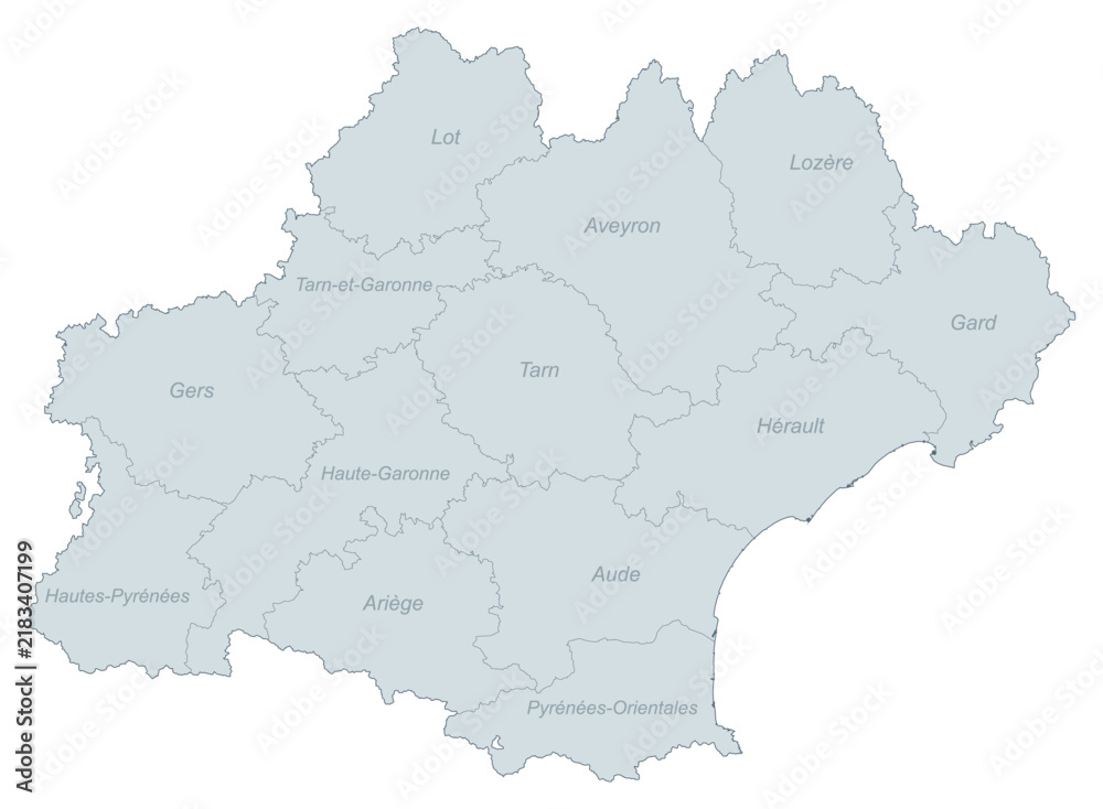 Fototapeta premium Occitanie Region of France Administrative Divisions Map