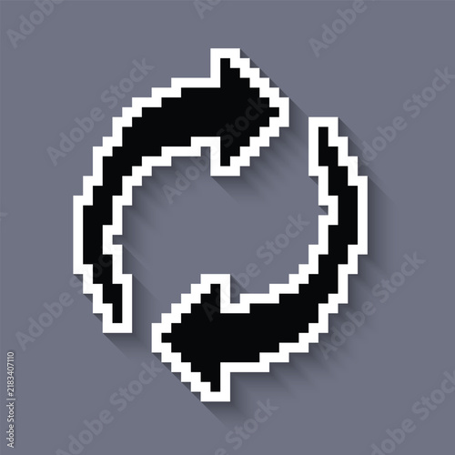 Refresh arrows pixel art icon with long shadow sticker 8 bit vector for computer game logo