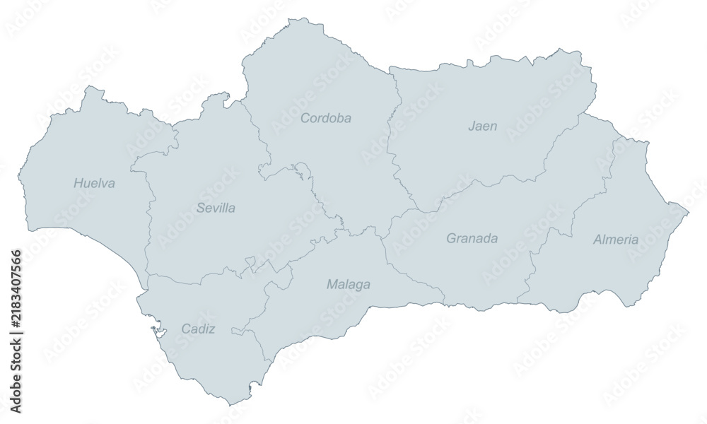 Fototapeta premium Map of Andalusia, Spain, showing the provinces of Huelva, Sevilla, Cadiz, Cordoba, Malaga, Jaen, Granada, and Almeria