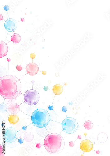 A collection of interconnected spheres in shades of blue, pink, yellow, and green are arranged in a seemingly random pattern against a white background.