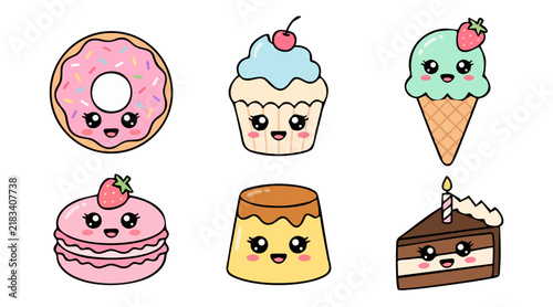 Kawaii style vector illustration featuring cute smiling desserts including donuts cupcakes ice cream and sweet cakes