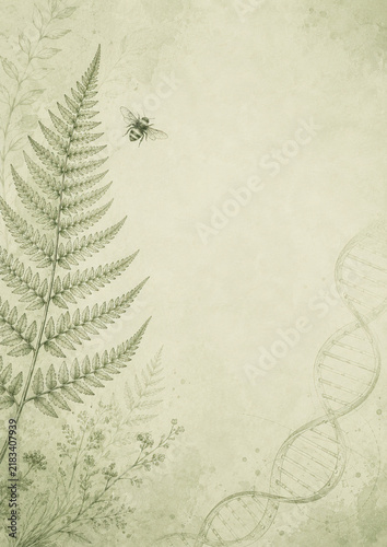 A bee gracefully flies upwards across a pale green, aged paper background, interwoven with a stylized double helix DNA strand. Biology notebook cover