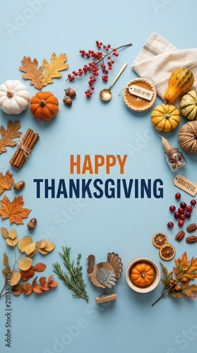 Happy thanksgiving flat lay with autumn decorations