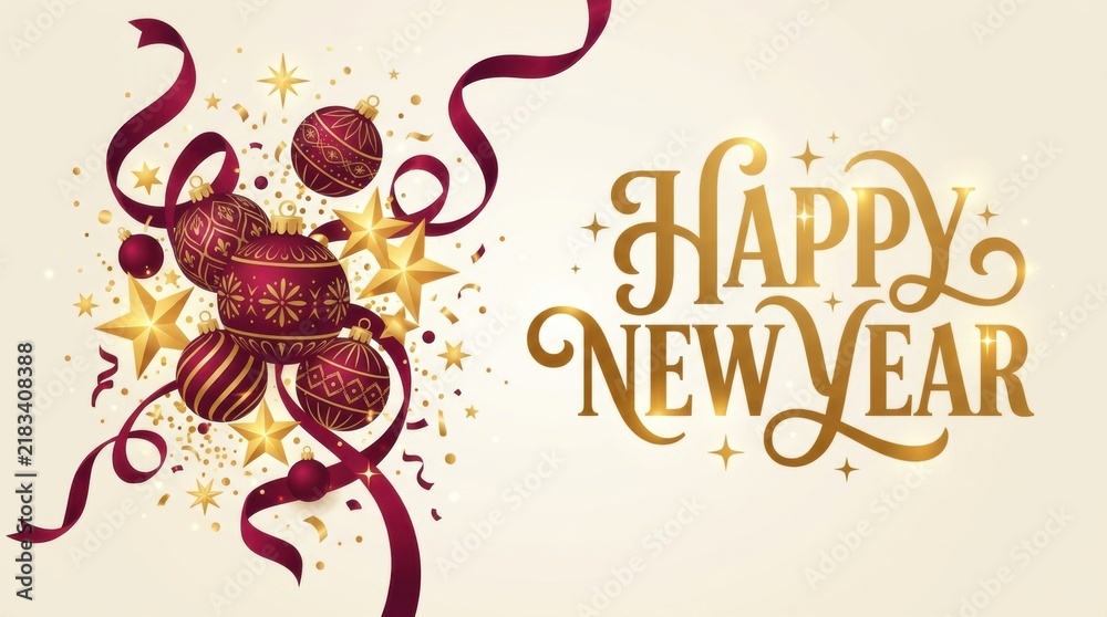 Fototapeta premium Elegant golden text Happy New Year with festive ornaments and ribbons