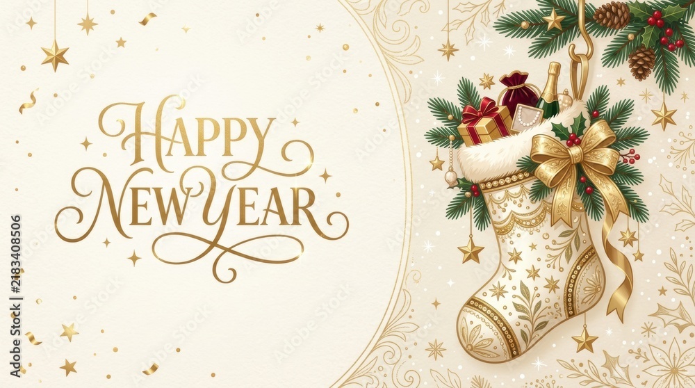 Fototapeta premium Elegant Happy New Year greeting with festive stocking and gifts