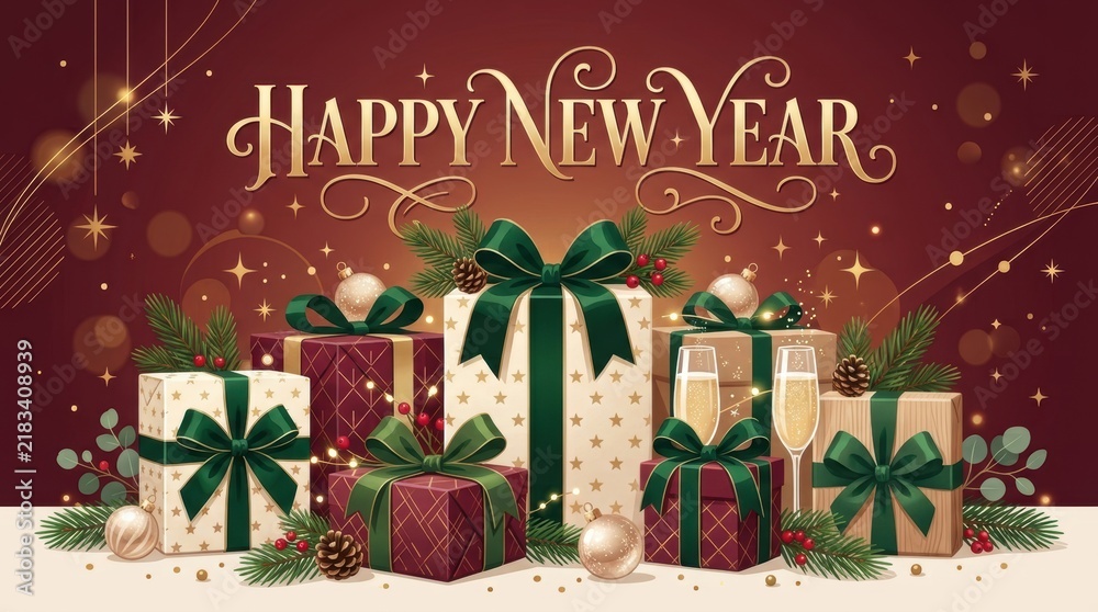 Fototapeta premium Happy New Year celebration with gifts and champagne, festive holiday background