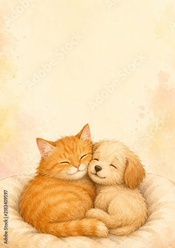 Small cat and dog rest peacefully on a cushioned surface, exhibiting a calm and tranquil mood.