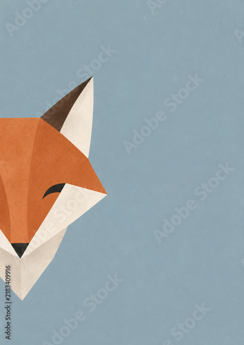 A stylized fox head, constructed from orange, cream, and black geometric shapes, against a pale blue background. notebook cover