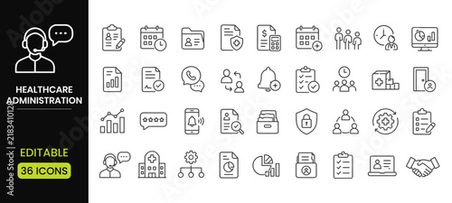 Healthcare administration line icon set, medical management and hospital service symbols, professional vector collection for clinic organization and patient record management