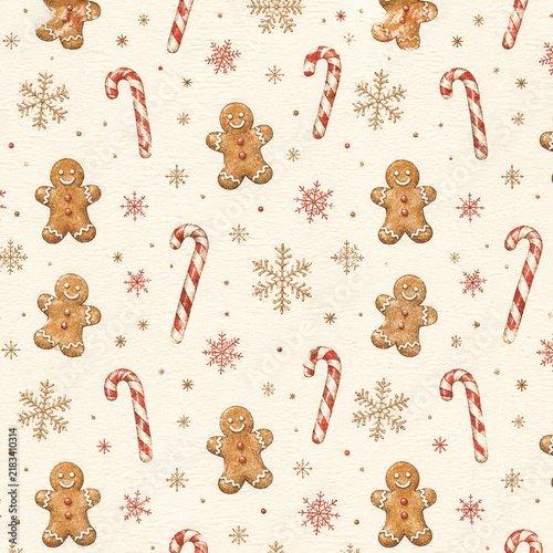 A tightly packed pattern of gingerbread men, candy canes, and snowflakes covers a light beige wood-grain background.
