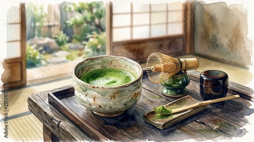 Traditional Japanese matcha green tea bowl with chasen whisk in a room overlooking a garden, watercolor illustration