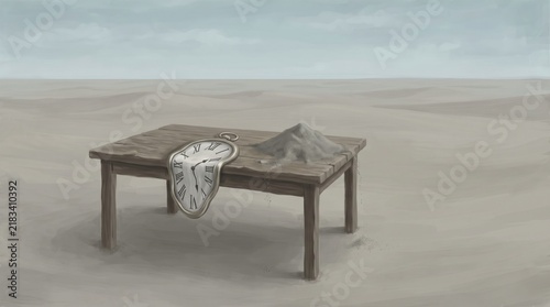 Surrealist melting pocket watch on a wooden table in a vast empty desert landscape representing the passage of time and transience