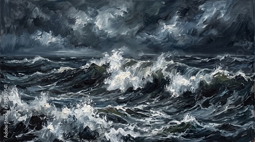 Oil painting of dramatic stormy ocean waves crashing under dark tempestuous clouds with textured impasto brushstrokes