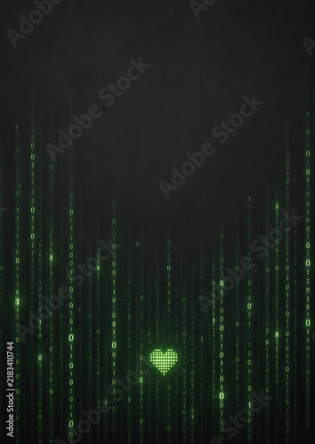 A green pixelated heart is centered within a dark grey background of glowing binary code. Computer science notebook cover