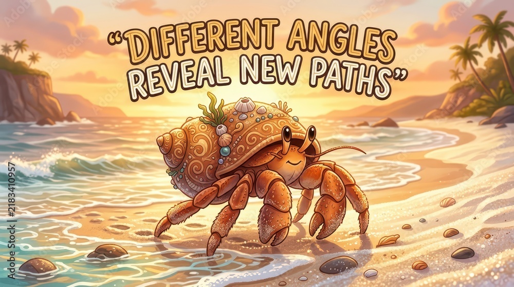 Obraz premium Whimsical Hermit Crab on a Tropical Beach at Sunset, With Inspirational Quote About Perspective