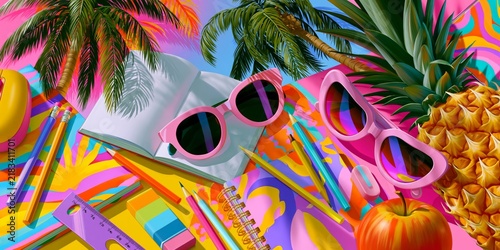Vibrant tropical school supplies scene with pink sunglasses, pineapple, palm leaves, colorful pencils, and notebooks on a psychedelic background.