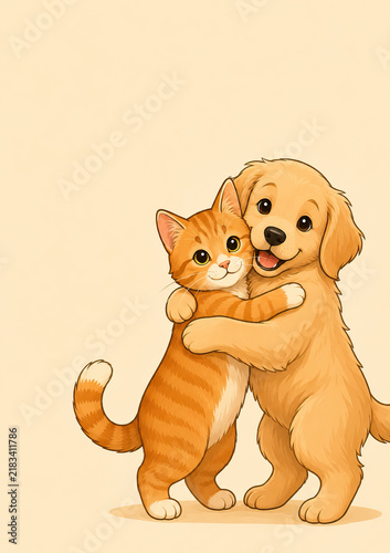 A golden retriever puppy and a small orange tabby kitten are embracing in a warm, friendly pose The two animals stand close together on a light beige background, appearing joyful and affectionate.