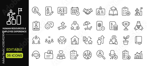Foto Set of 36 human resources and employee experience line icons, including recruitm