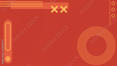 Red abstract memphis geometric background with orange shapes, concentric rings, lines, copy space