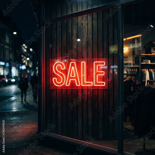Bright red neon sale sign glowing in a dark retail store window at night.