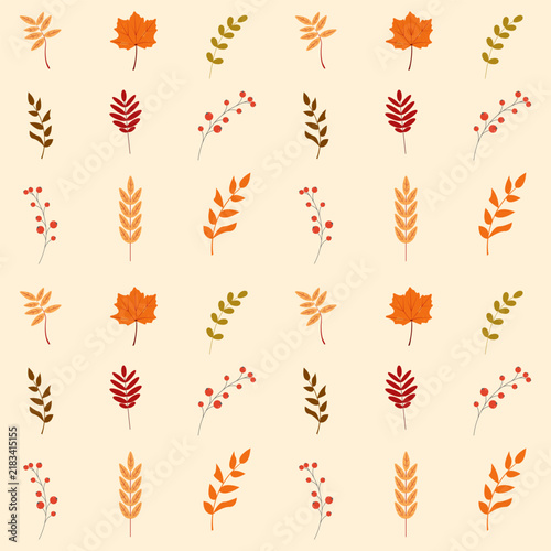 Seamless autumn pattern with maple leaves, branches, red berries on beige background. Cozy botanical flat vector illustration. Textile, fabric, wallpaper, paper, background.