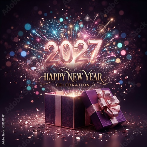 2027 Happy New Year celebration with a glowing gift box and festive fireworks background.