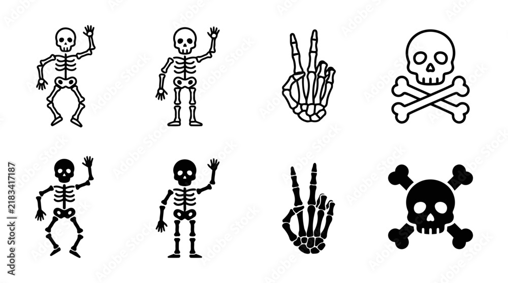 Naklejka premium Collection of human skeleton and skull icons for halloween graphics with skeleton halloween silhouette collection