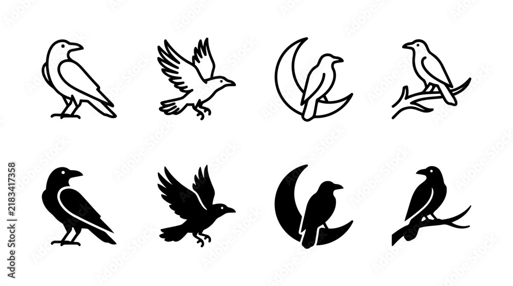 Obraz premium Set of raven and crow icons featuring various poses and lunar elements crescent silhouette collection mysterious