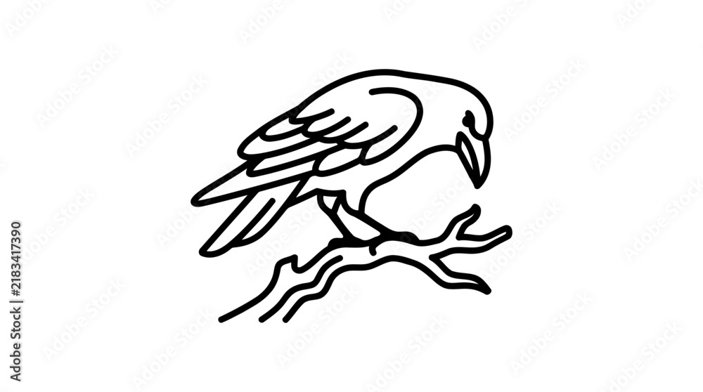 Obraz premium Minimalist black outline vector illustration of a raven perched on a wooden branch with silhouette minimalist wildlife