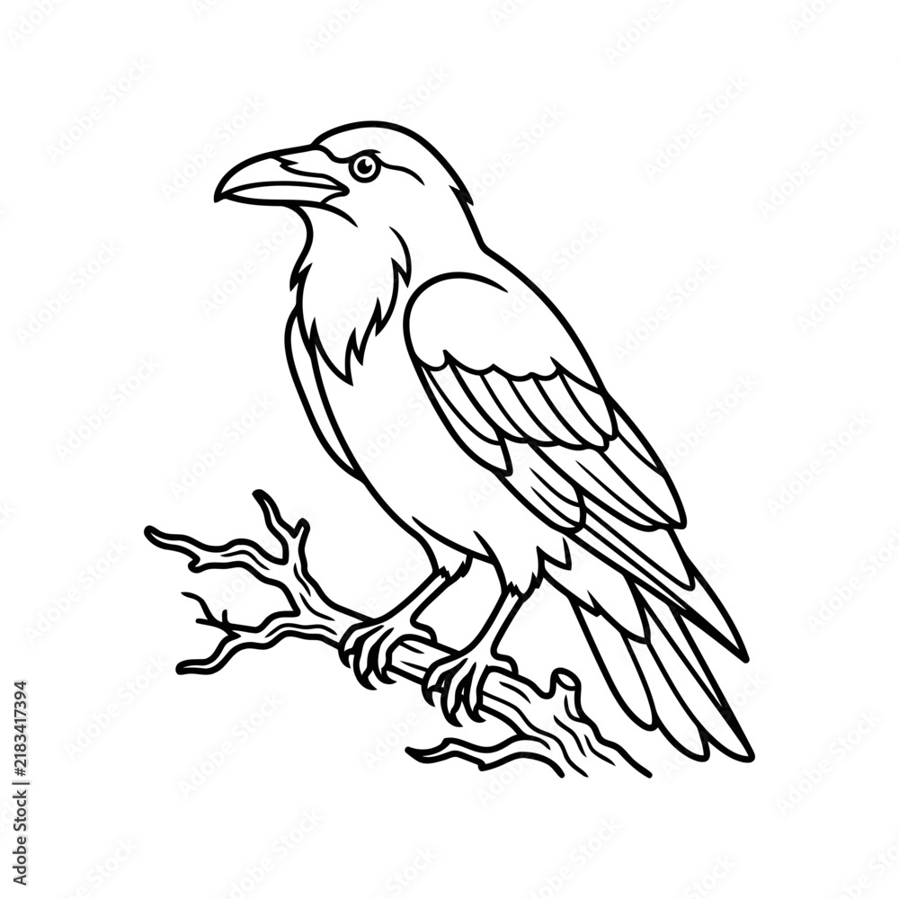Obraz premium Simple line art illustration of a black crow bird standing on a rustic branch with minimalist wildlife silhouette