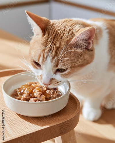 Beautiful white cat with orange markings eating from a small bowl of cat food on a wooden table in a bright indoor setting with soft lighting