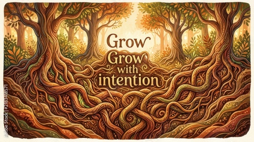 Whimsical, illustrative scene of ancient, gnarled tree roots intertwining, symbolizing growth and intention amidst a forest background.