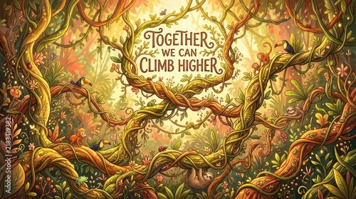Whimsical jungle scene with intertwined vines, friendly animals and inspirational quote 