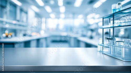 Laboratory workspace with glass equipment and clean surfaces focuses on tools for experiments and research during a busy day in a science lab
