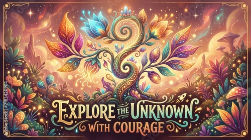 Whimsical, magical tree with glowing leaves and flowers in a fantasy landscape with cosmic sky and inspiring text 'Explore the Unknown with Courage'