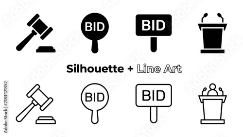 Obraz na plátne Auction Icons Set: A collection of stylized auction icons including a gavel, bidding paddle, sign, and podium, presented in both silhouette and line art for versatile use