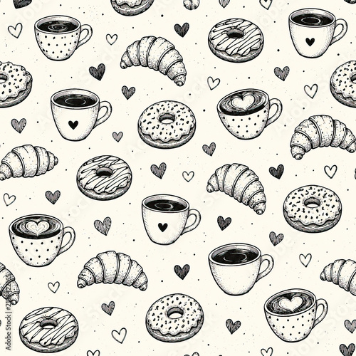 A collection of stylized illustrations showcases doughnuts and cups arranged in a repeating pattern.