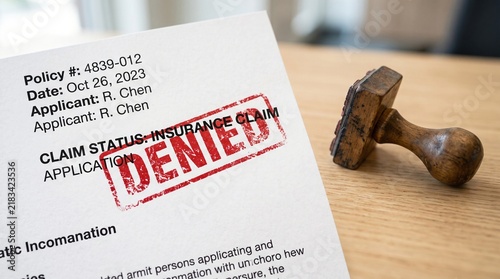Paper document with red denied rubber stamp on wooden desk, representing insurance claim rejection, financial risk management and legal coverage dispute.