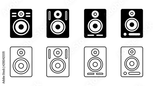 Photography Audio Speaker Icons: A collection of modern audio speaker icons, both solid black and outline versions, represent sound technology and multimedia devices