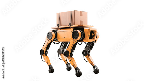 Yellow robotic dog delivers a cardboard package isolated on a transparent background representing smart automation.