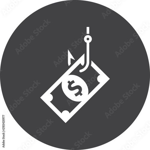 Financial Phishing Icon with Dollar Banknote on Fishing Hook for Scam Concept Isolated