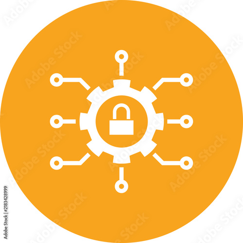 Cyber security icon with padlock and gear for data protection isolated on orange circle