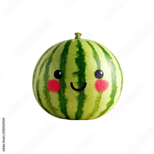 A watermelon has a painted smiley face and rosy cheeks, sitting on a simple white surface