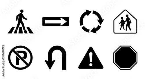 Photography Traffic and Road Sign Icons: Pedestrian Crossing, Directional Arrow, Recycle Sym