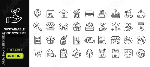 Set of 36 sustainable food systems line icons, including organic farming, local produce, ecofriendly packaging, and supply chain management for sustainable agriculture and food distribution concepts