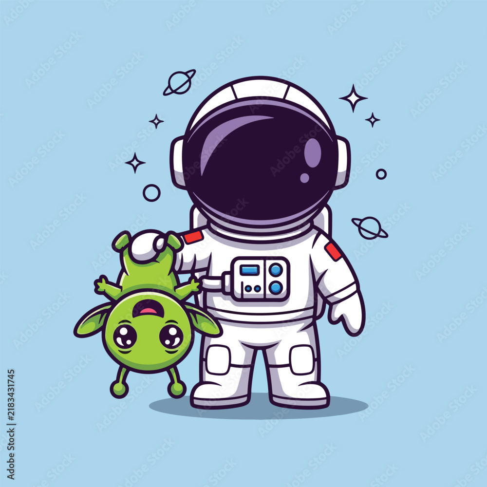 Obraz premium Cute astronaut holding an alien in space.