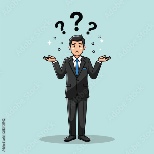 Foto Confused businessman with question marks above his head expressing uncertainty and doubt