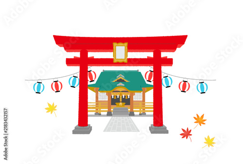 紅葉と神社　秋のお祭りのベクターイラスト