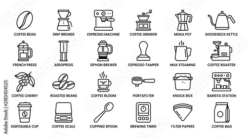 Coffee brewing equipment and coffee bean icon set with drip brewer and espresso machine for barista tools and cafe supplies.