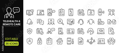Telehealth and remote care line icons set, digital medicine and virtual doctor consultation, healthcare technology, medical service, vector illustration